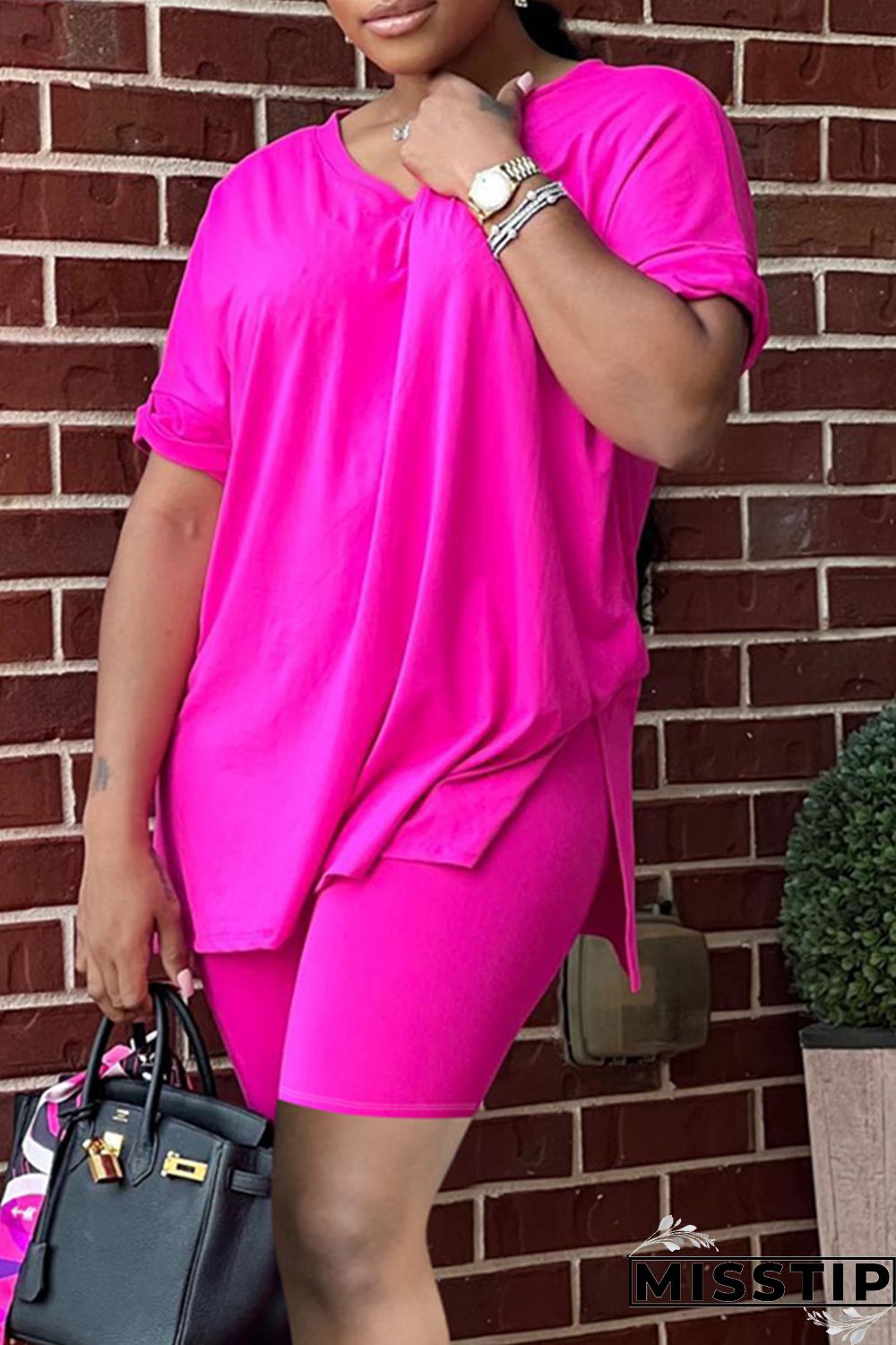 Rose Red Fashion Casual Solid Slit V Neck Short Sleeve Two Pieces