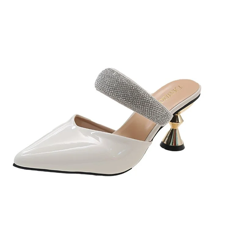 Churchf Churchf Large Size High Heels Women's New Half Slippers Pointed Heel Shoes Fashion Women Shoes Rhinestone Sandals