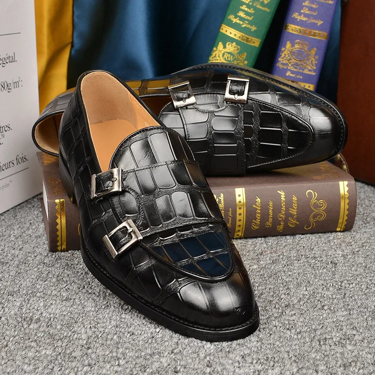 Men's Genuine Leather Exotic Buckle Monk Business Dress Loafers