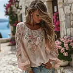 Women's Vintage Rose Embroidered Art Round Neck Blouse - Image 2