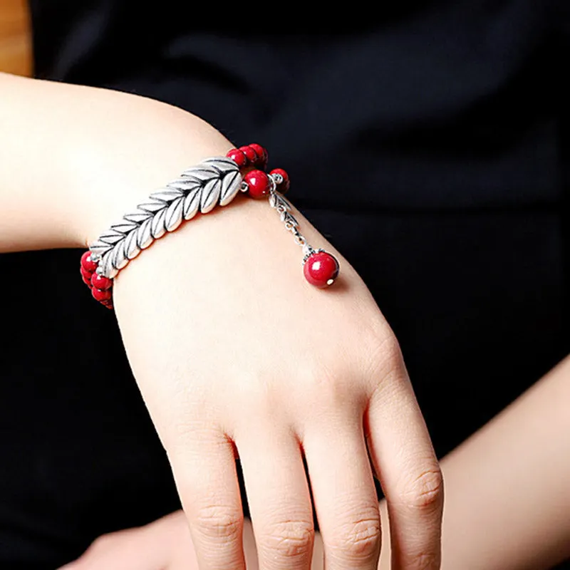 Silver Cinnabar Wheat Pattern Blessing Bracelet