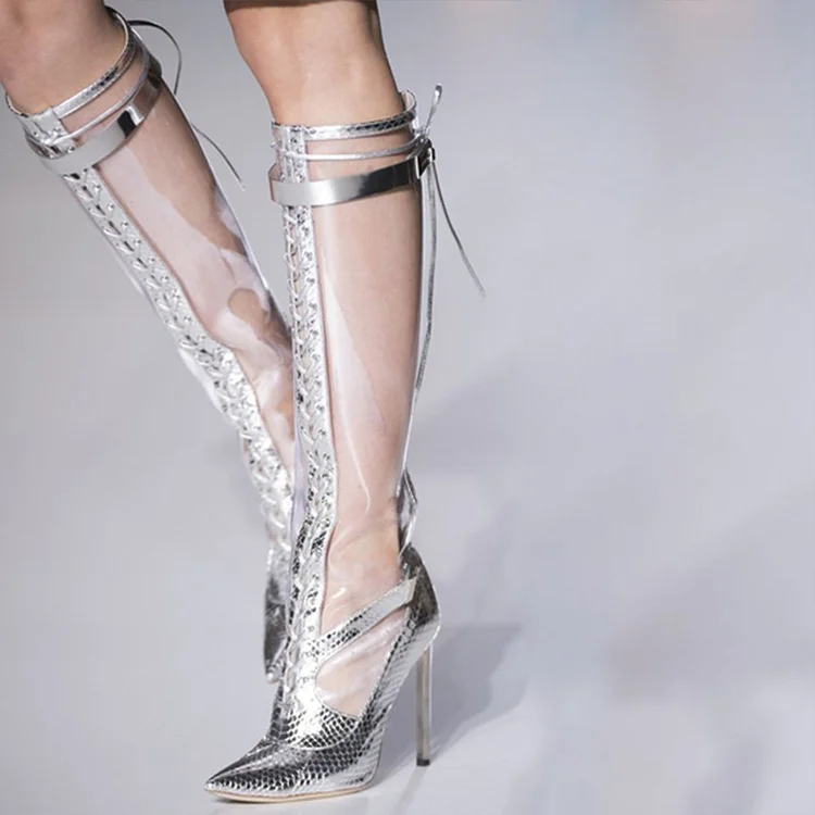 Silver Pointy transparent Knee High Lace Up Boots Strappy Stiletto Boots |FSJ Shoes