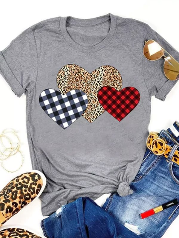 Ladies Leopard Heart Print Short Sleeve T-Shirt