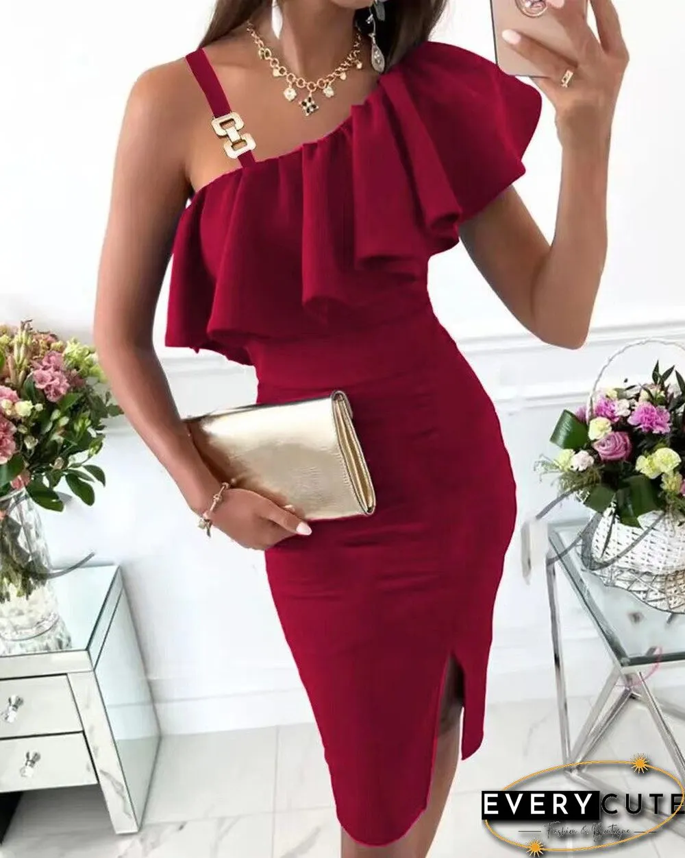 Spring Summer Sexy Womens Sleeveless Split Dress Women Solid Color One Shoulder bodycon