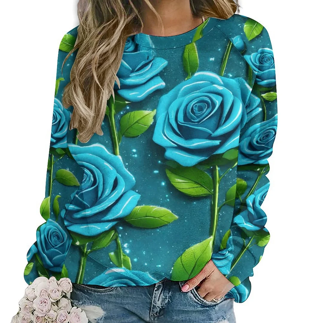 Printed Long Sleeve Casual Sweatshirt for  Women and Men Unisex Pattern Turquoise, Floral, Rose