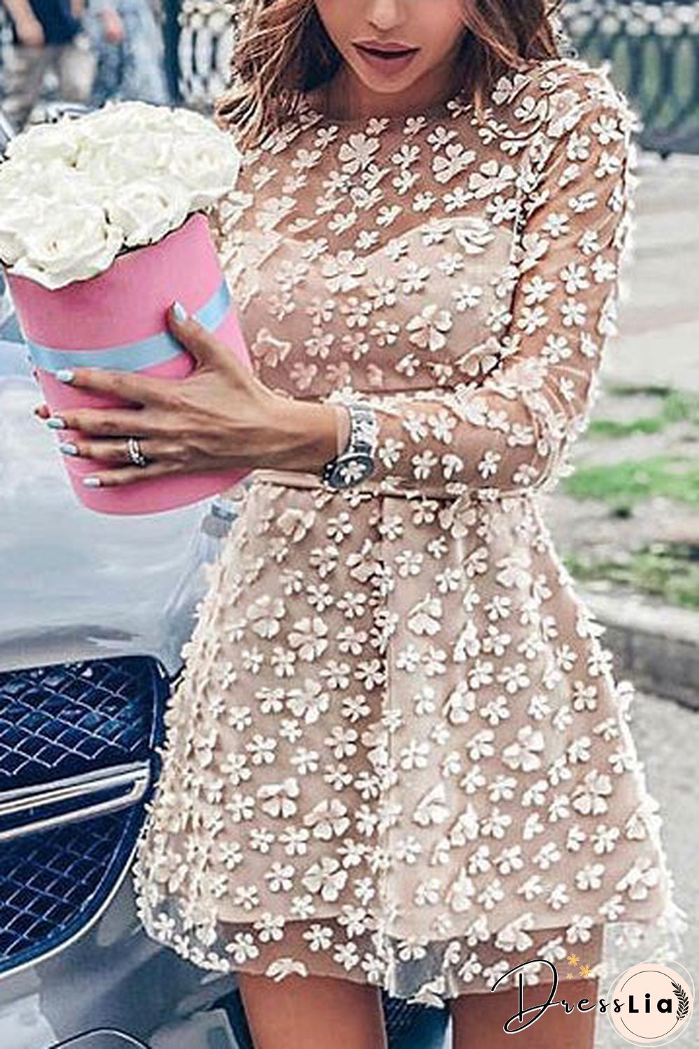 Champagne Applique Cocktail Dress With Long Sleeves