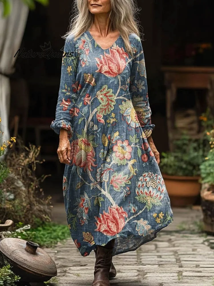 Women's Vintage Lovely Floral Art Print Pocket Cotton Dress