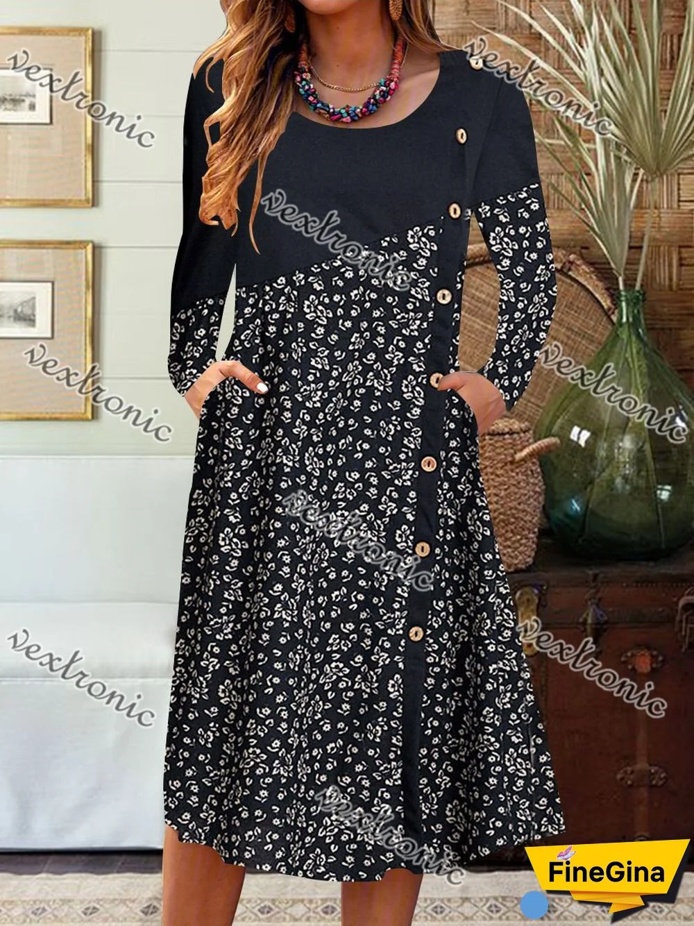 Women Long Sleeve Scoop Neck Printed Buttons Midi Dress