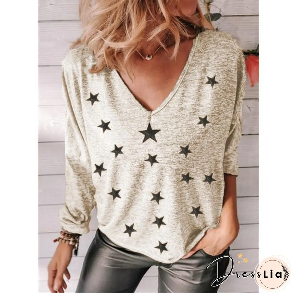 V Neck Stars Printed Long Sleeve Top