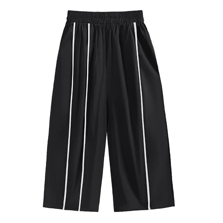 Simple Asymmetric Striped Decor Pockets Wide Leg Pants
