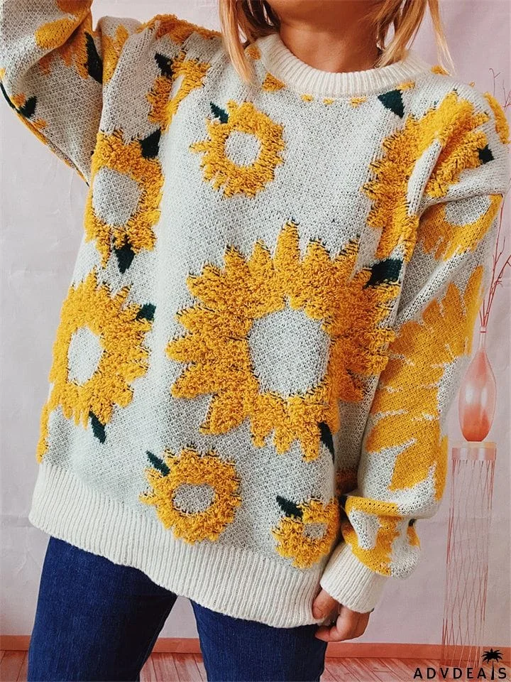Female Sunflower Crew Neck Pullover Knit Sweater