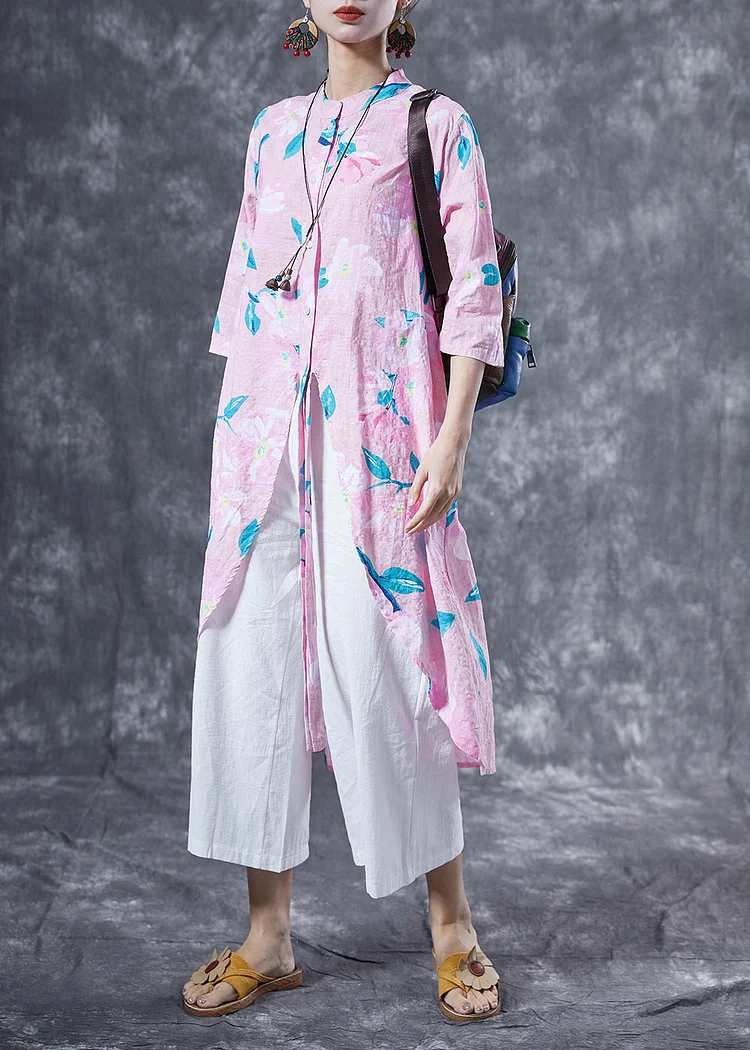 Pink Print Cotton Long Shirt Oversized Low High Design Summer