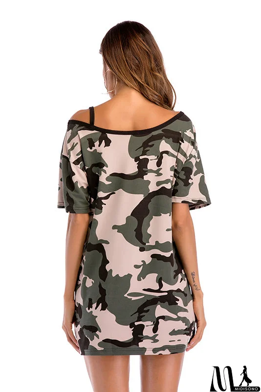 MidiSono - Camouflage Off-the-shoulder Asymmetrical Neck Tee