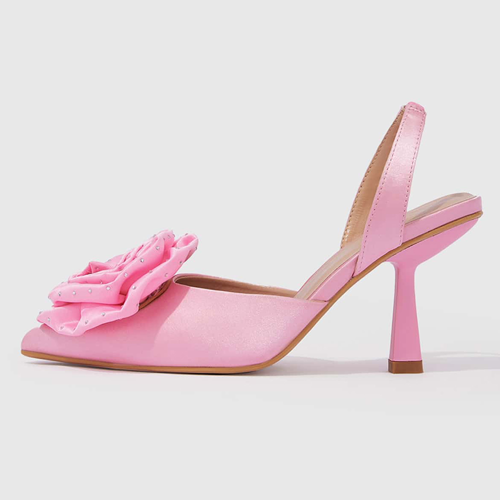 Pink Satin Closed Toe Flared Heel Slingback Pumps with Rose Nicepairs