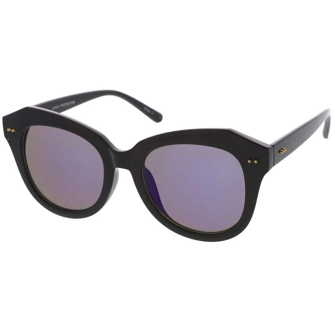 Women's Oversize Horn Rimmed Colored Mirror Round Lens Cat Eye glasses 52mm