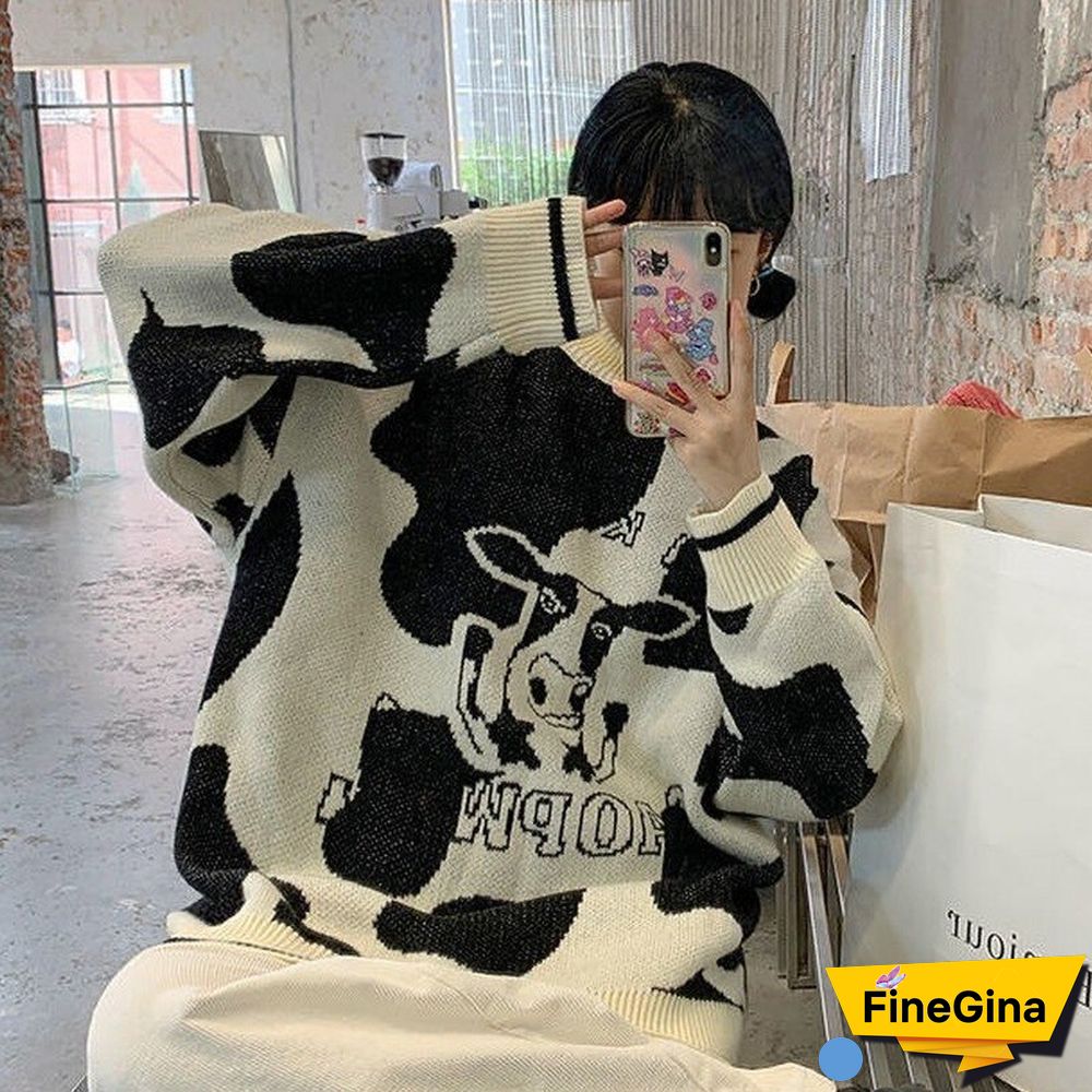 Korean Style Cow Print Knitted Sweater Women Preppy Fashion Cute O-Neck Long Sleeve Oversize Jumper Pullover Female
