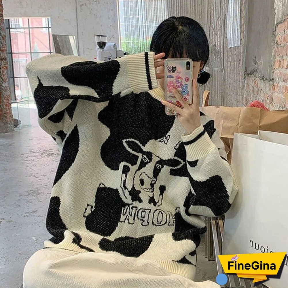 Korean Style Cow Print Knitted Sweater Women Preppy Fashion Cute O-Neck Long Sleeve Oversize Jumper Pullover Female