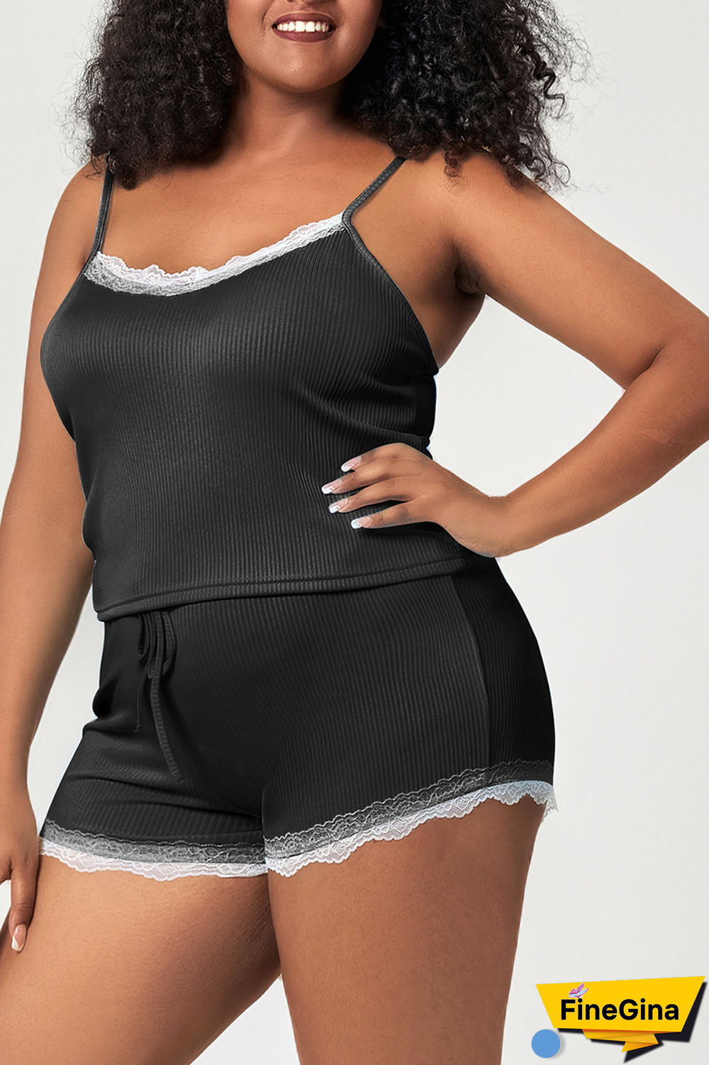 Dark Blue Gray Sexy Print Lace Spaghetti Strap Sleeveless Two Pieces