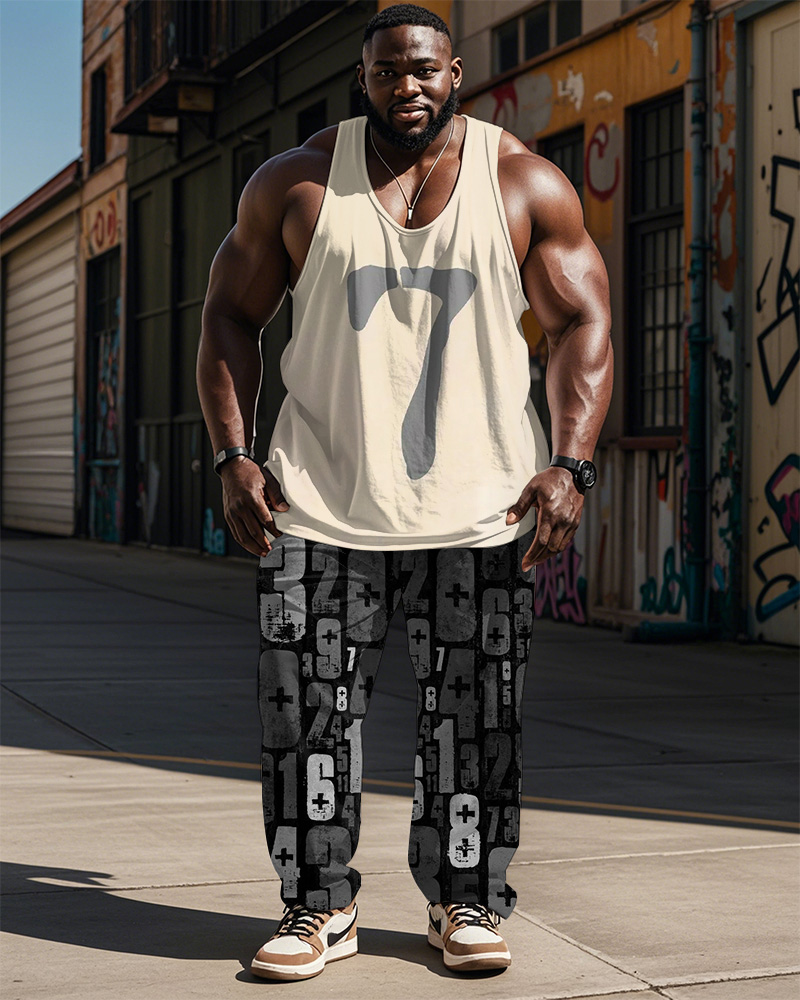 Men Plus Size Street Fashion Graffiti 7 Digital Print Vest Trousers Suit