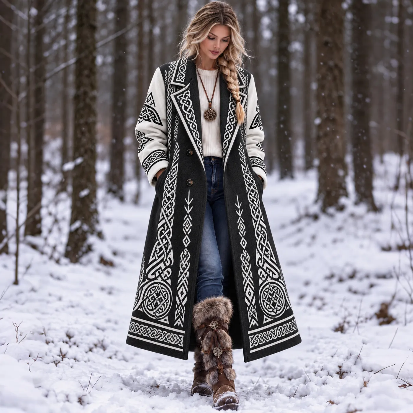 Comstylish Women's Vintage Celtic Knot Art Print Warm Wool-blend Coat