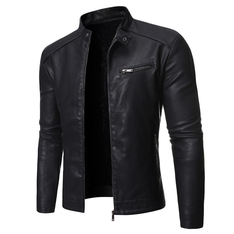 2025 New Men's Autumn Winter Jacket Leather Jacket Slim Stand Collar Men's Windproof Motorcycle Lapel Oblique Zipper Jacket M