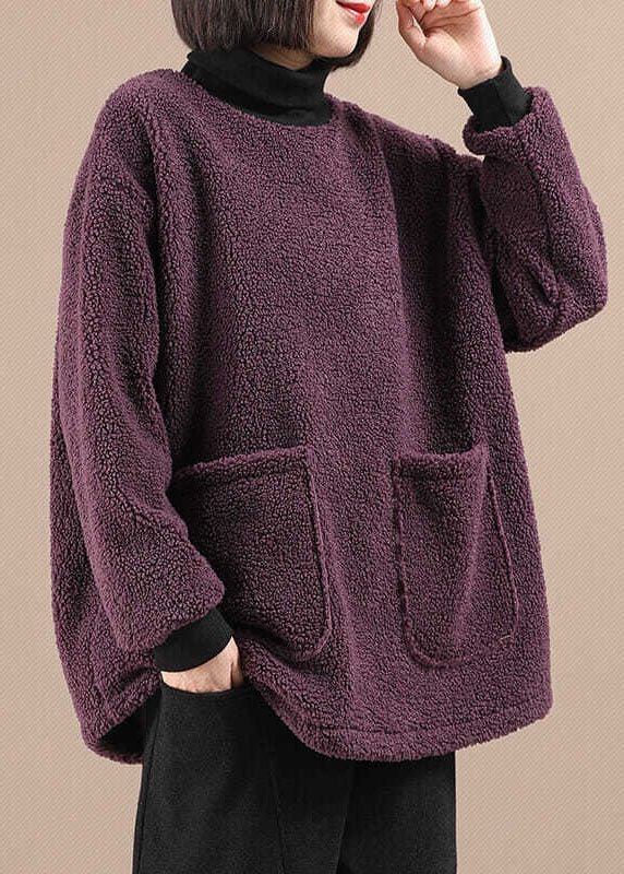 DIY Purple Turtleneck Pockets Faux Fur Loose Sweatshirt Winter CK1301- Fabulory