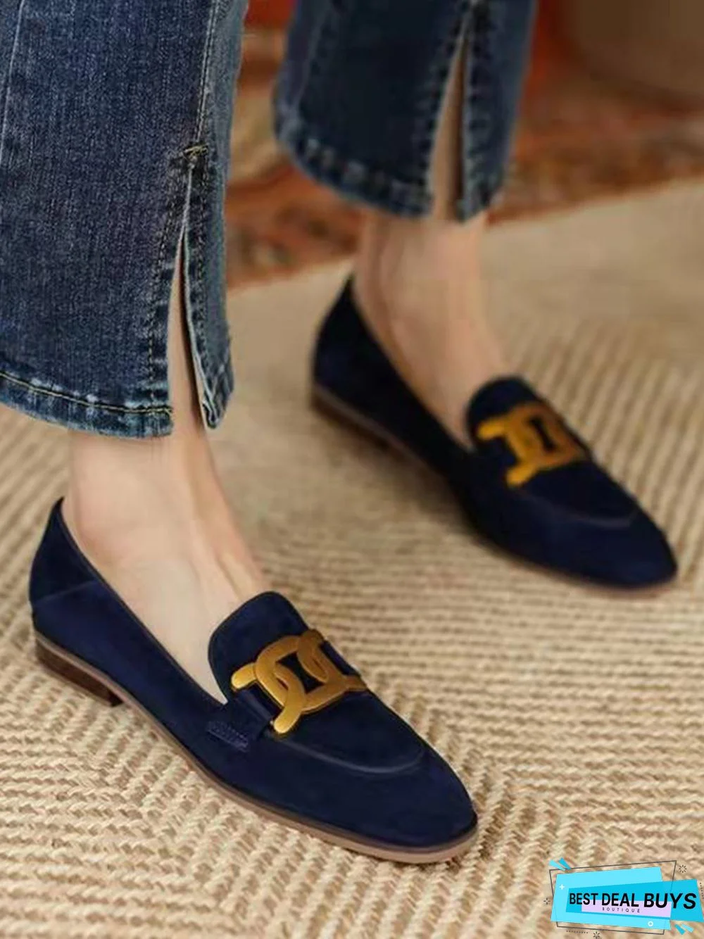 Gold Buckle Suede Loafers