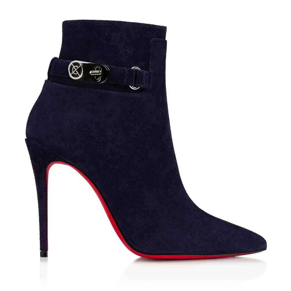 Women's Pointed Toe Suede Stiletto Ankle Boots Side Zipper Booties With Metal Buckle-vocosishoes