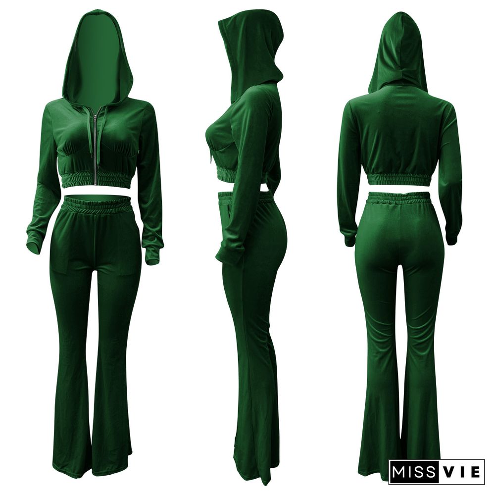 Velvet Solid Zipper Hooded Crop Tops Flare Pants Set