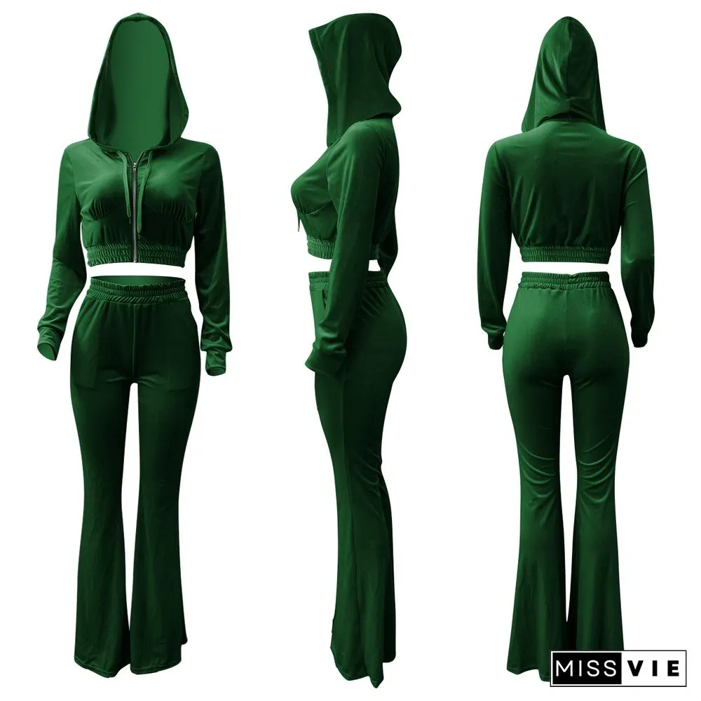 Velvet Solid Zipper Hooded Crop Tops Flare Pants Set