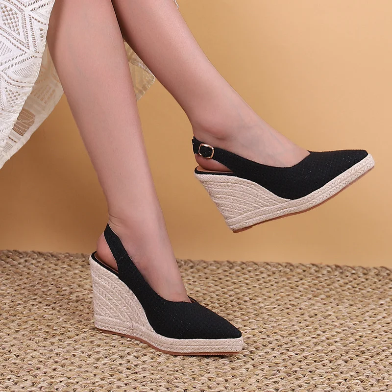 Wongn Wongn Wedge Heel Pointed Head Thick Bottom High Heel Head Drag Single Shoes Women's Straw Hemp Rope Bottom
