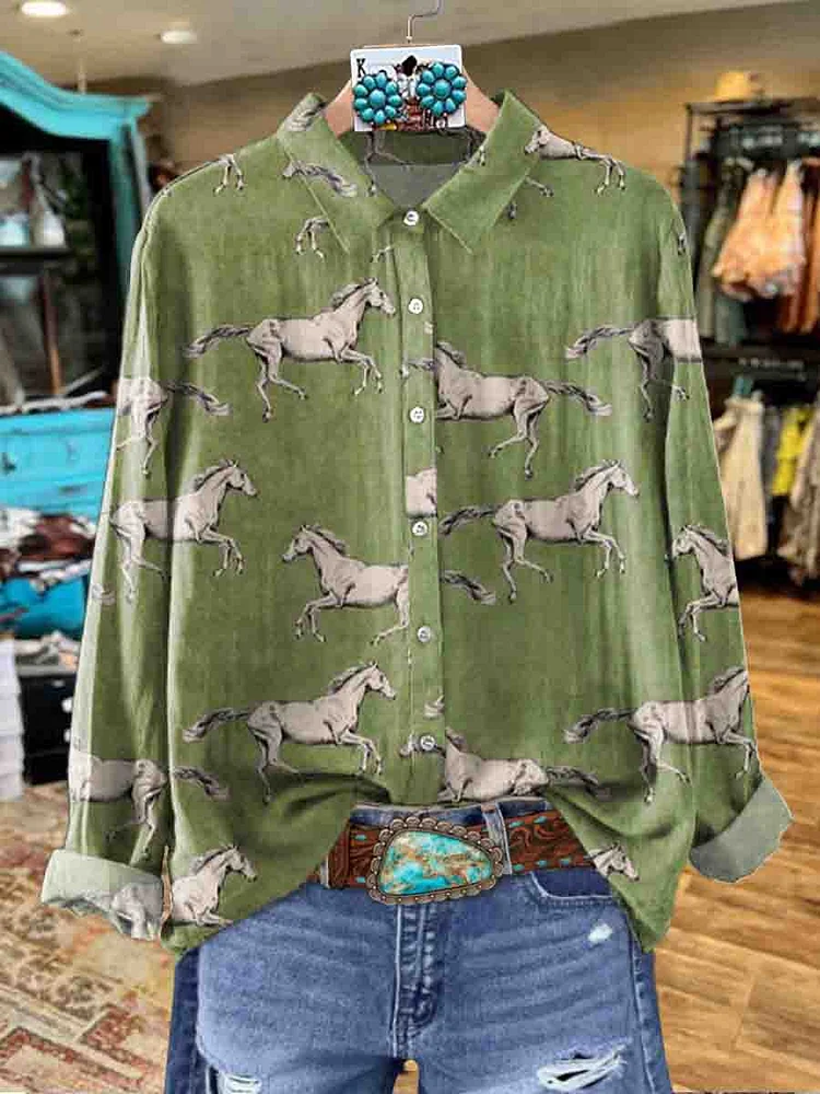 Women's Vintage Western Horse Print Casual Cotton Shirt