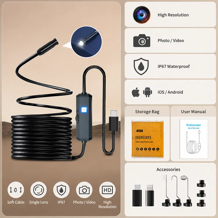 Endoscope Camera, 8mm HD Inspection Camera with LED Light