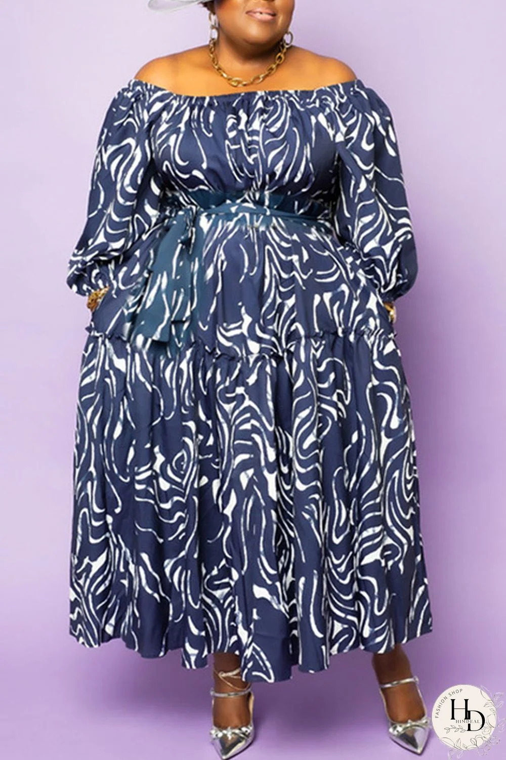 Purple Casual Print Patchwork Off the Shoulder Plus Size Dresses