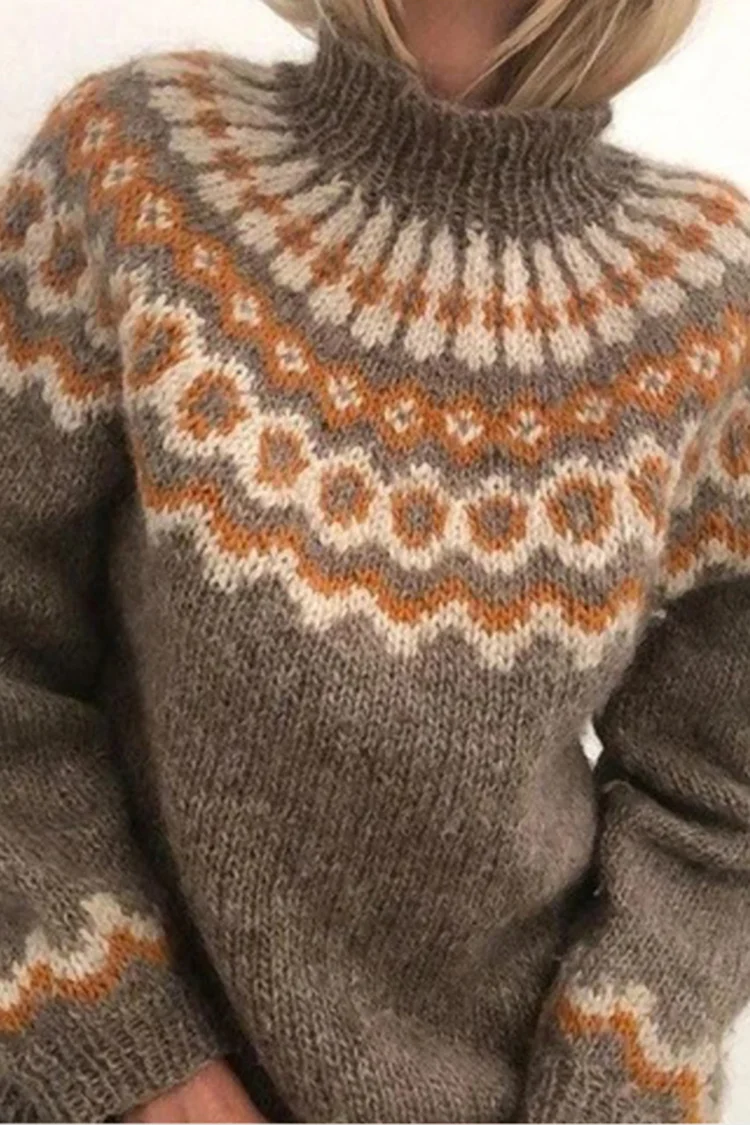 Vintage Turtleneck Pullover Chunky Jacquard Sweater