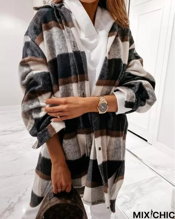 Casual Feel Plaid Long Shirt Coat