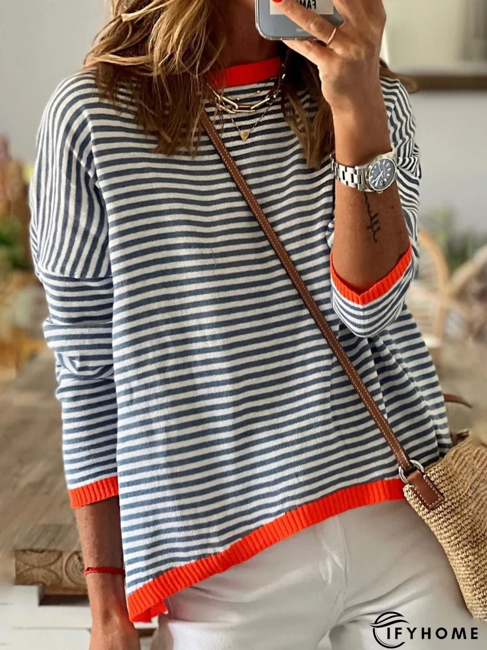 Casual Striped Long Sleeve Round Neck Tunic Sweater Knit Jumper | IFYHOME