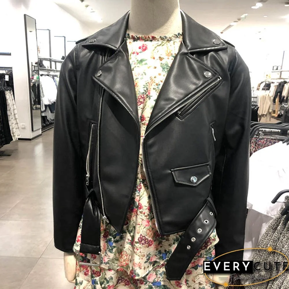 New Autumn Sashes Pu Faux Leather Jacket Women Zipper Slim Short Biker Jackets Coat Female Outwear Tops casacos feminino