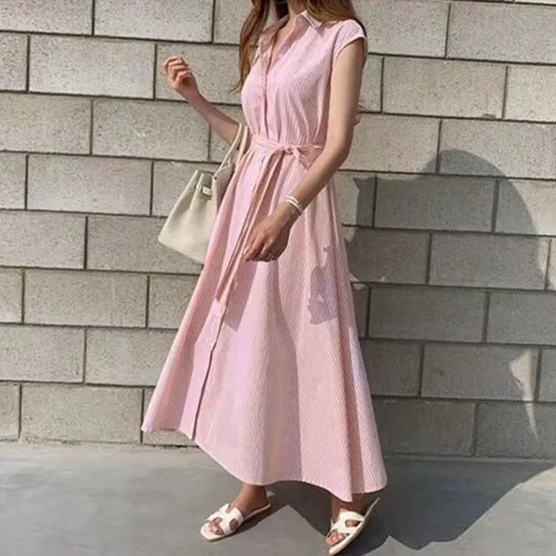 2021 Summer Plus Size Long Shirt Dress Casual Sleeveless Blue Striped Dresses for Women Loose Lace Up Dresses Robe Femme 10389