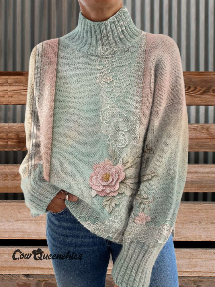 Vintage Art Print Knit Turtleneck Pullover Sweater Multicolor / S