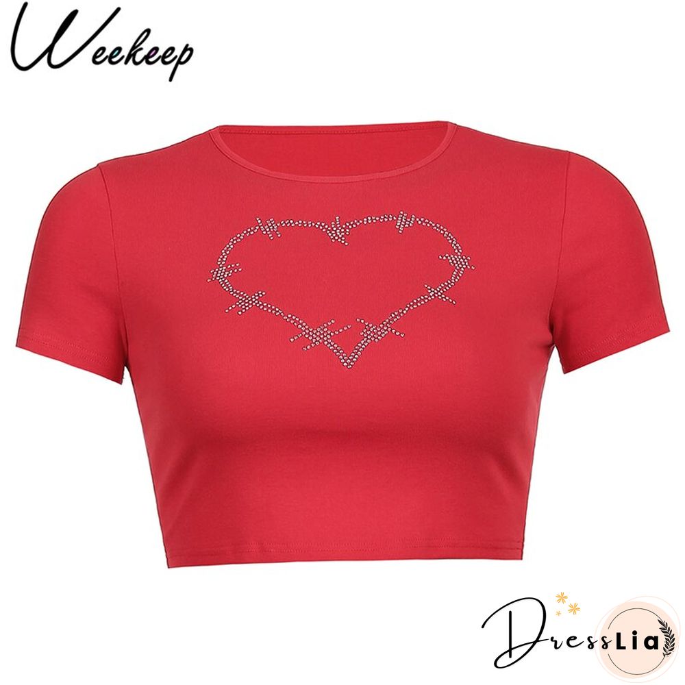 Weekeep Diamonds Patchwork Vintage Slim T-shirt Women Short Sleeve Summer Contrast Harajuku Cropped Tops Cotton Basic Tee Female