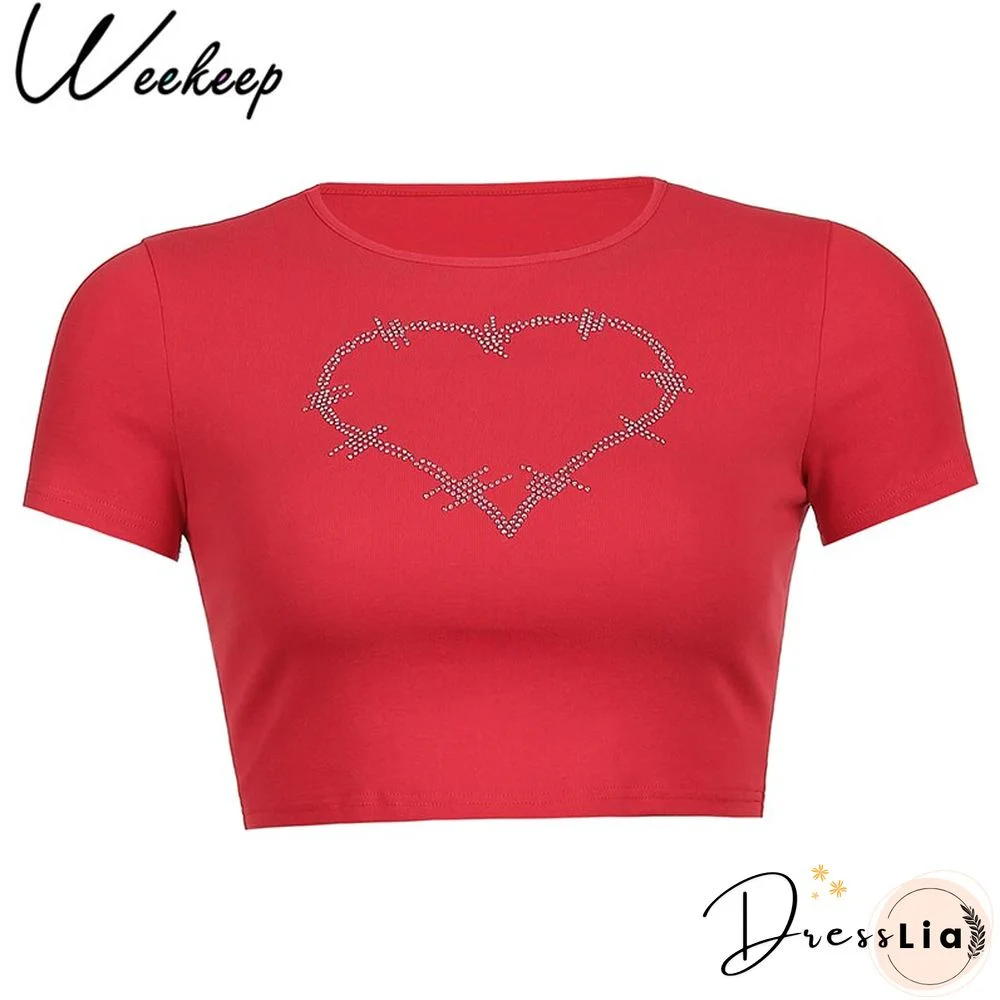 Weekeep Diamonds Patchwork Vintage Slim T-shirt Women Short Sleeve Summer Contrast Harajuku Cropped Tops Cotton Basic Tee Female