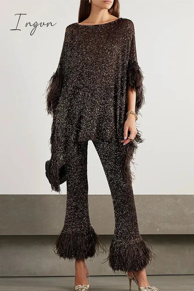 Ingvn - Casual Celebrities Solid Sequins Sequined O Neck Long Sleeve Two Pieces Black / S