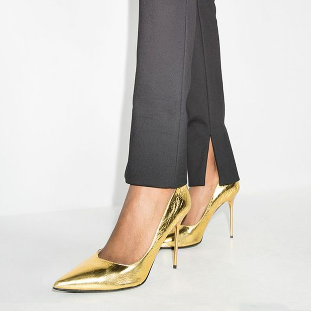 Gold Pointed Toe 4'' Stiletto Heel Pumps Nicepairs