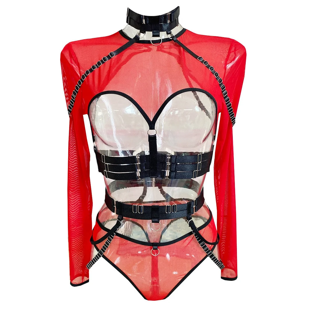 MIRABELLE Gothic Sexy Lingerie Set Woman 4 Piece Long Sleeve Mesh Transparent Erotic Costumes Hollow Out Bra Sex Suit Exotic Set
