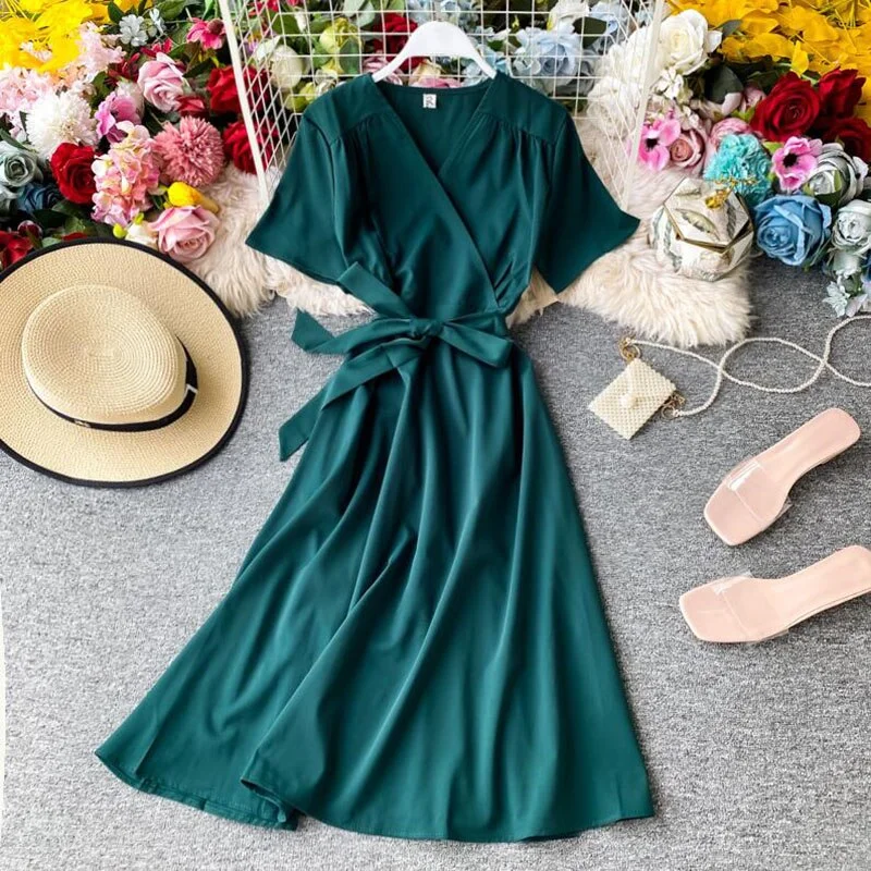 2020 Solid color Summer Women Dress Short sleeve Sexy V-neck Ruffles Chiffon Dress Vintage Elegant Lady A Line Bandage Dresses