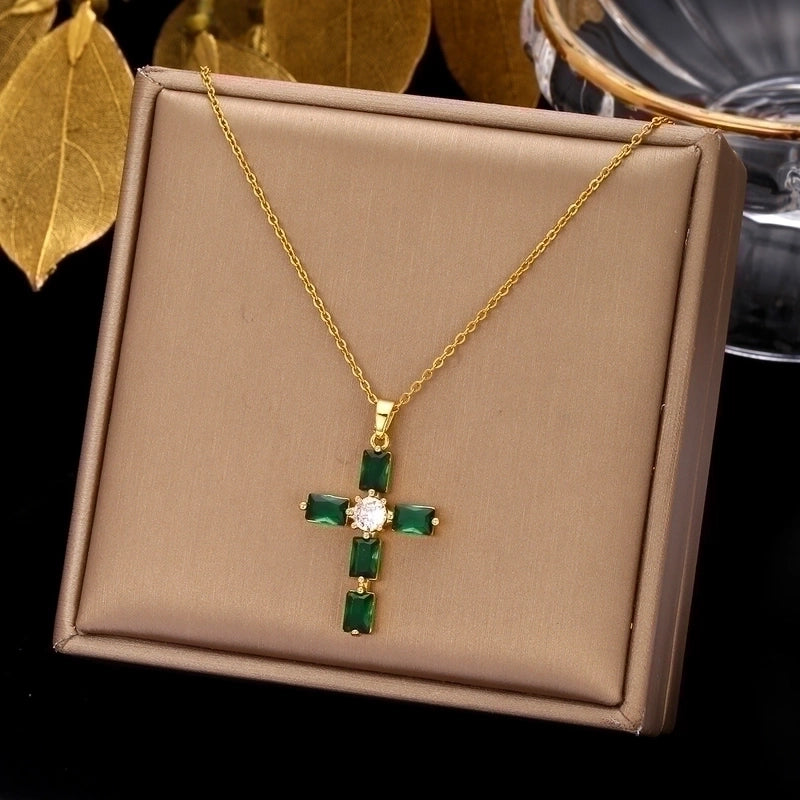 2 Pieces Ethnic Style Cross Stainless Steel Inlay Zircon Pendant Necklace