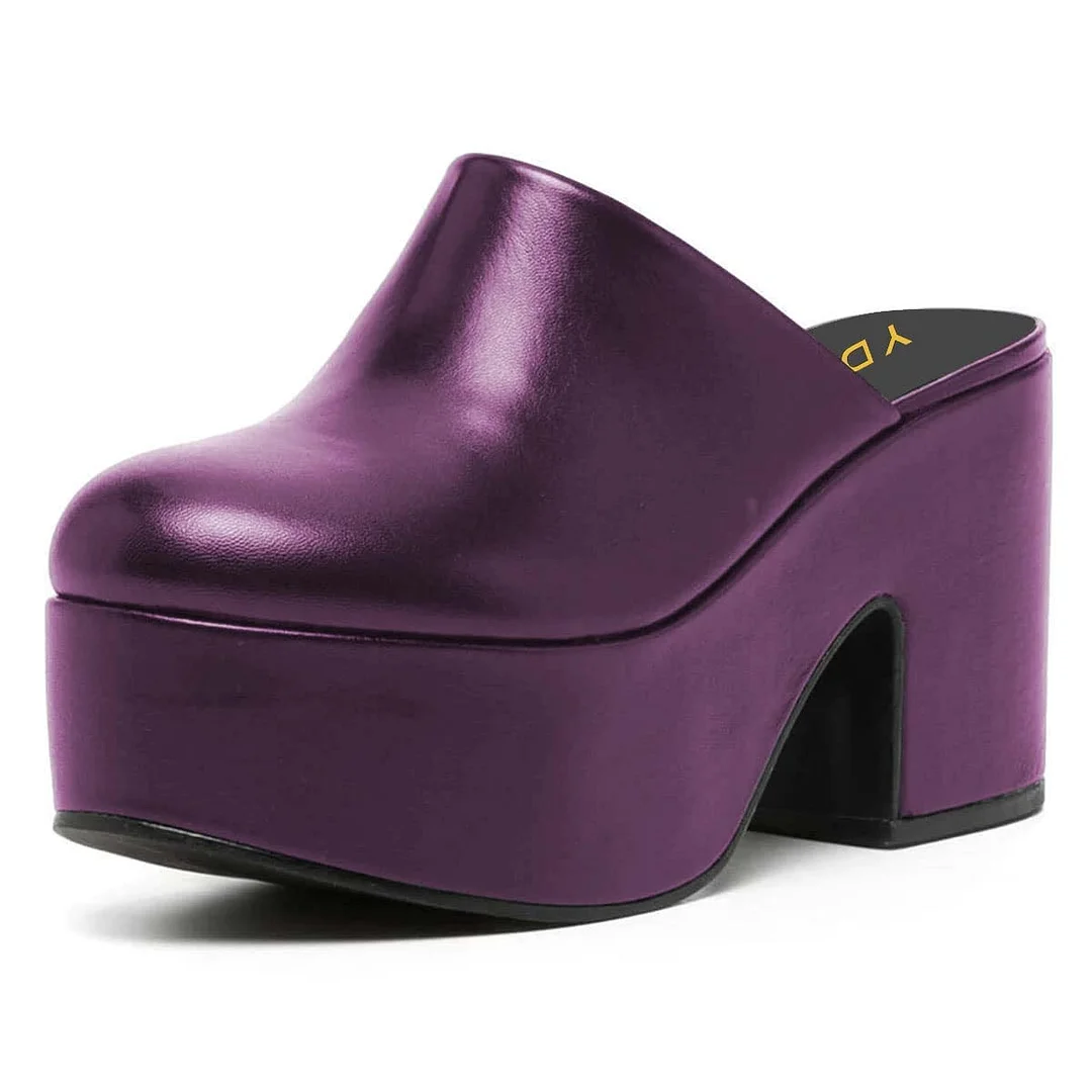 Dark Purple Round Toe Classic Block Heeled Mules with Platform