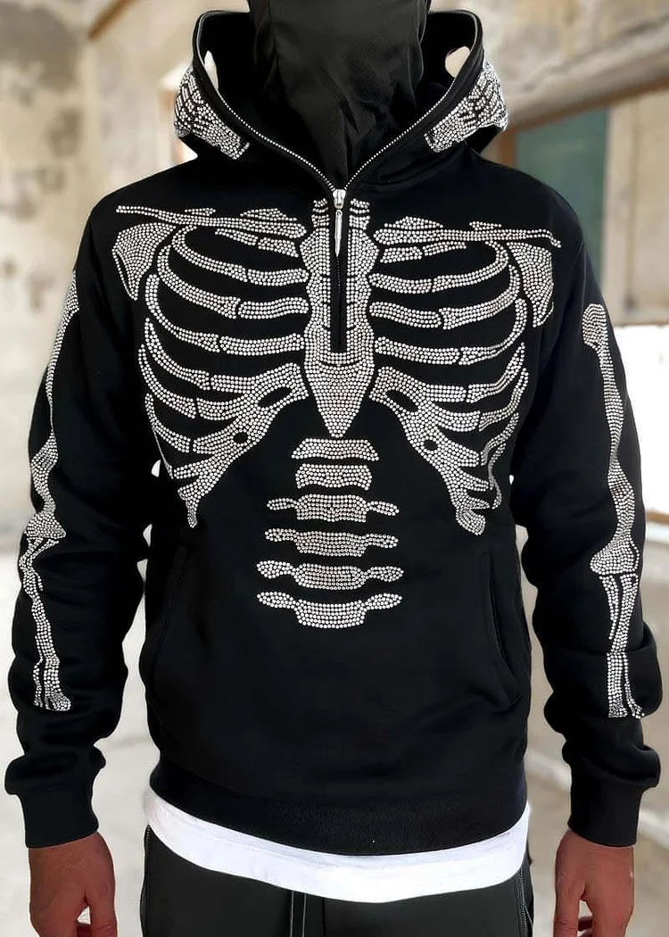 Skeleton Rhinestone Men's Oversized  Full Zip Up Hoodie Long Sleeve Skull Sweatshirts at Hiphopee