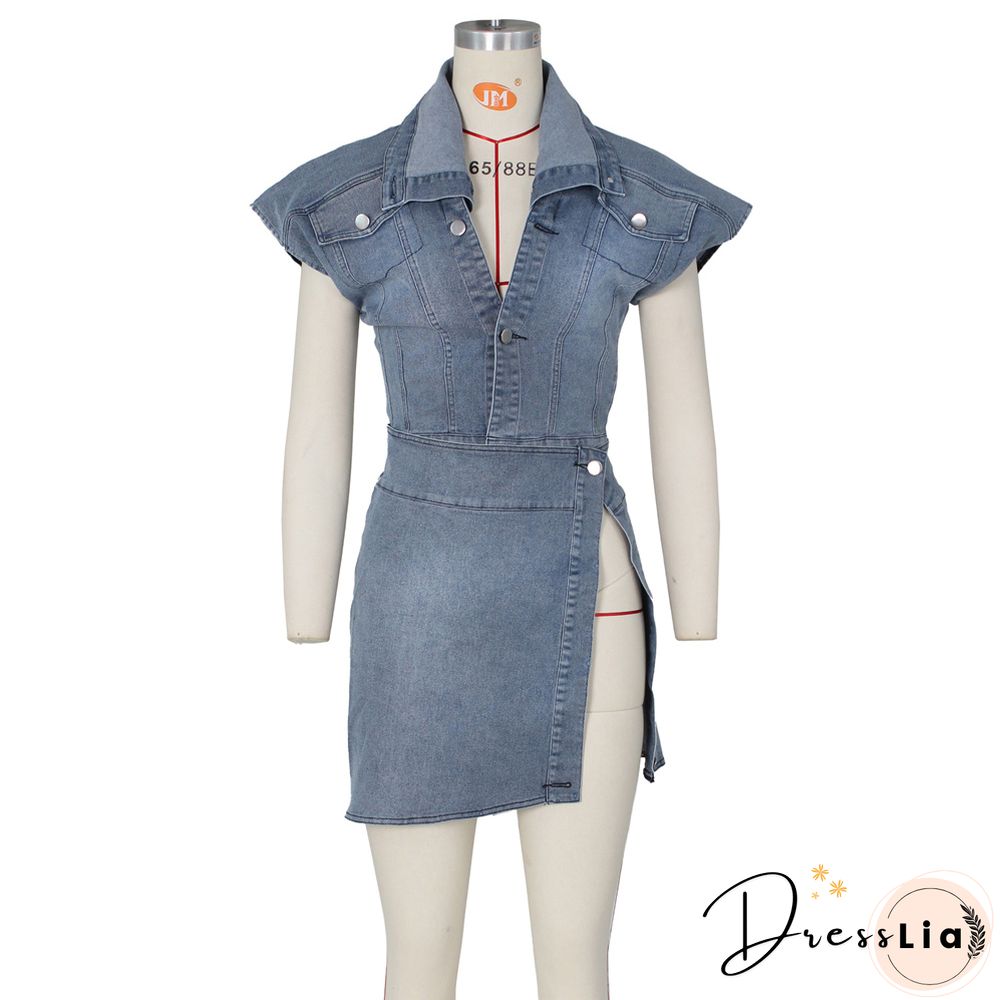 Sleeveless Short Top with Split Skirt Denim Suit